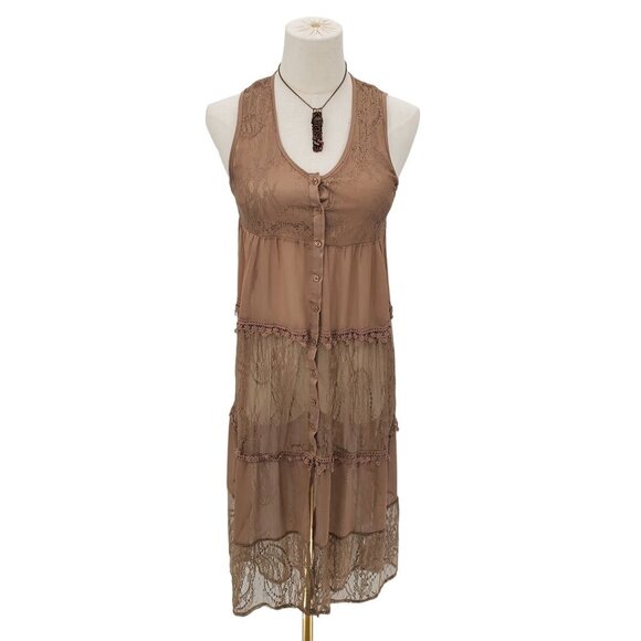 Taylor & Sage Womens Long Lace Button Front Tank Top Size XS Brown Sheer Boho - Picture 1 of 14